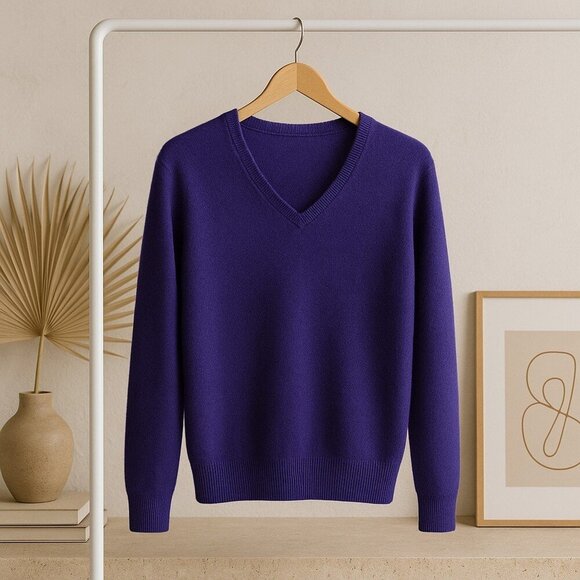 Only Mine 2-Ply Cashmere V-Neck Sweater – Size MP (Petite Medium) | Jewel Purple - Picture 1 of 8